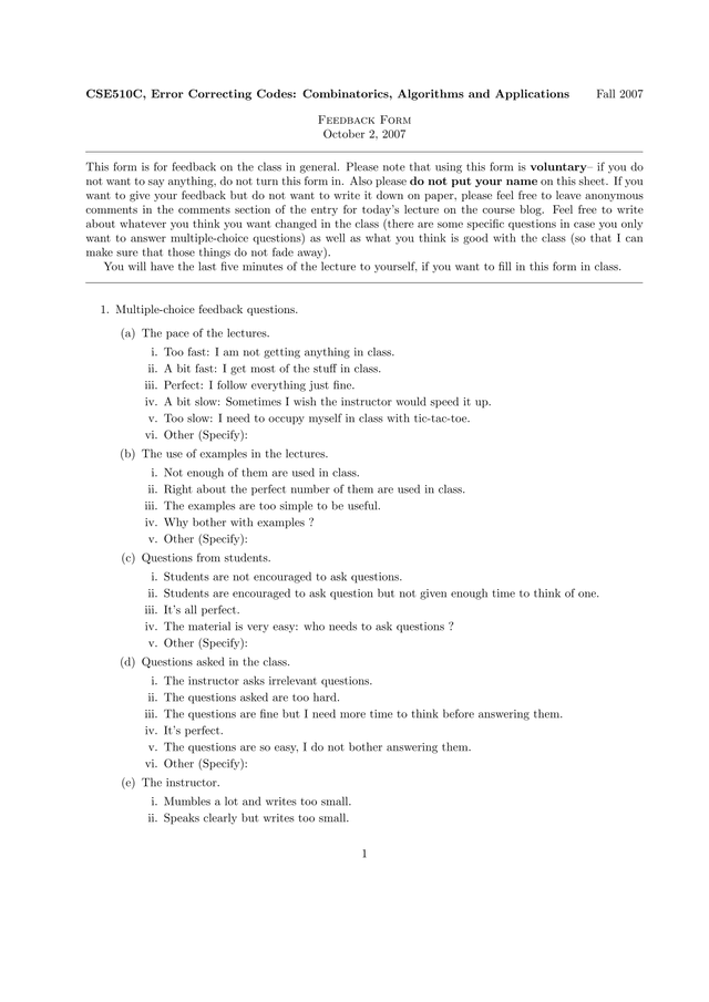CSE510C, Error Correcting Codes Combinatorics, Algorithms And Applications   Feedback Form screenshot