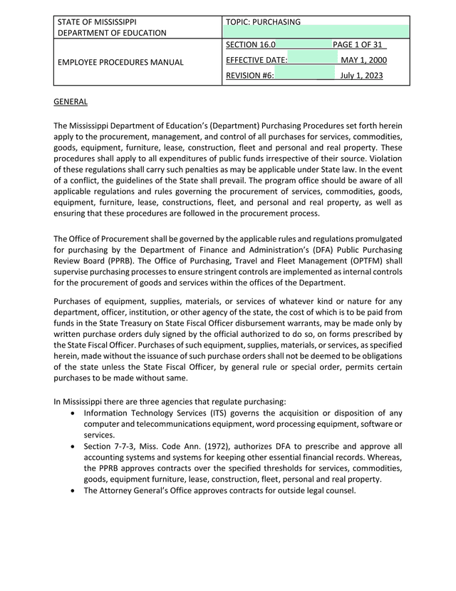 Mississippi Department Of Education Employee Procedures Manual   Purchasing screenshot