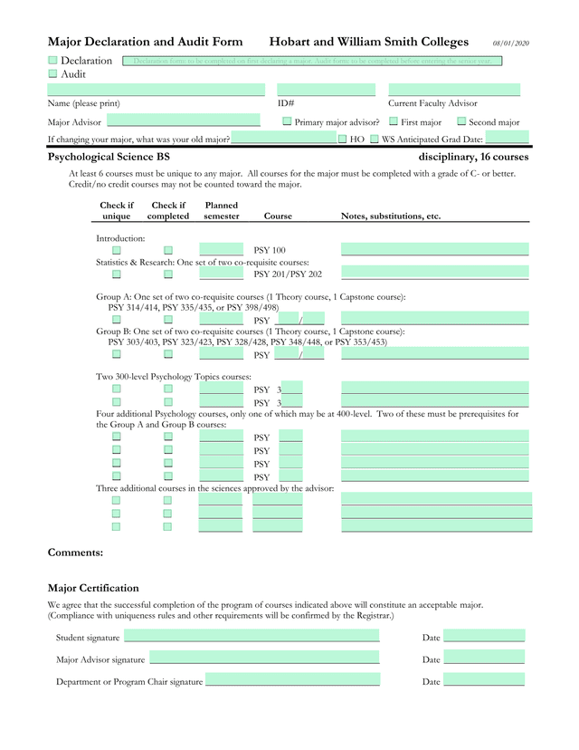 Major Declaration And Audit Form screenshot