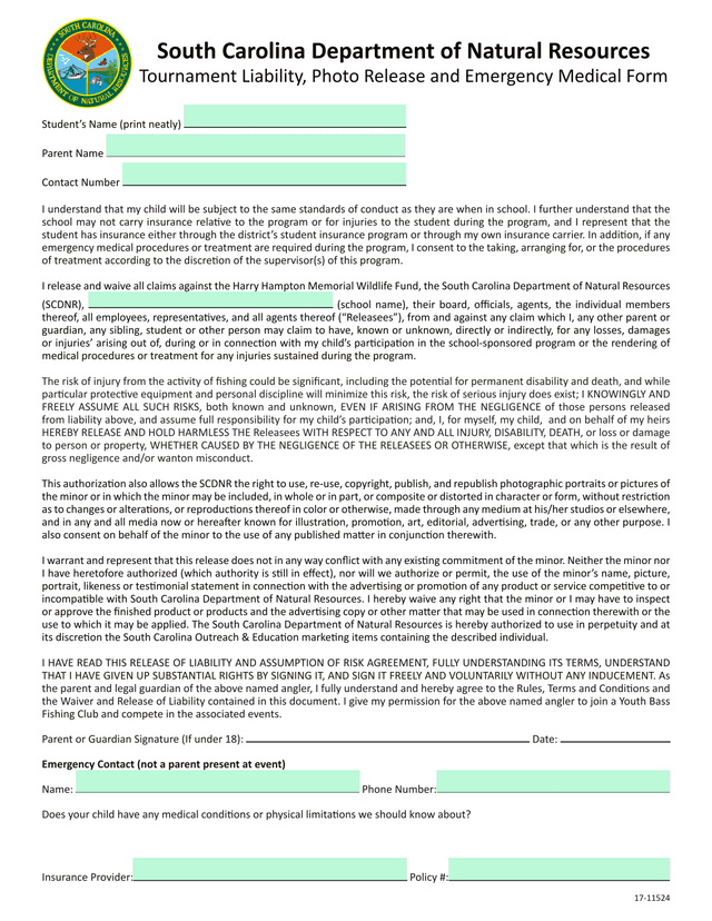 Tournament Liability, Photo Release And Emergency Medical Form screenshot