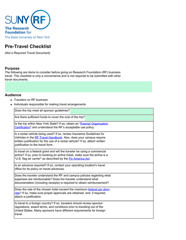 Pre Travel Checklist screenshot