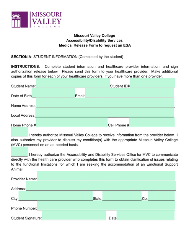 Medical Release Form To Request An ESA screenshot