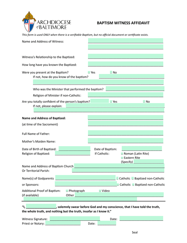Baptism Witness Affidavit screenshot