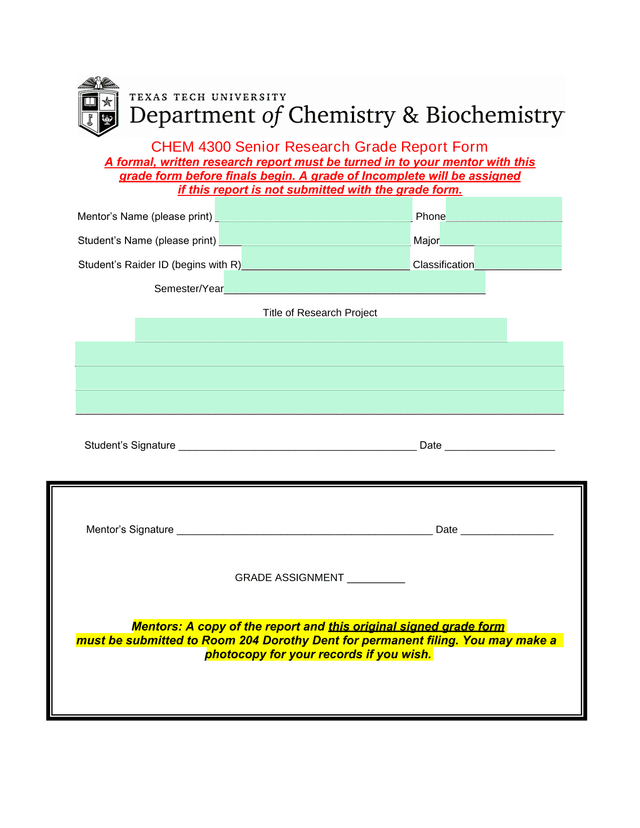 CHEM 4300 Senior Research Grade Report Form screenshot