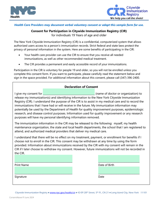 Consent For Participation In Citywide Immunization Registry (CIR) For Individuals 19 Years Of Age An screenshot
