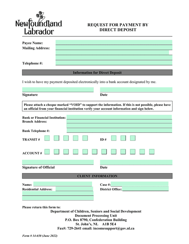 Request For Payment By Direct Deposit screenshot
