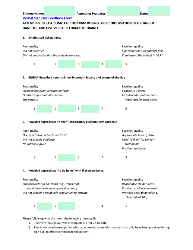 Verbal Sign Out Feedback Form screenshot
