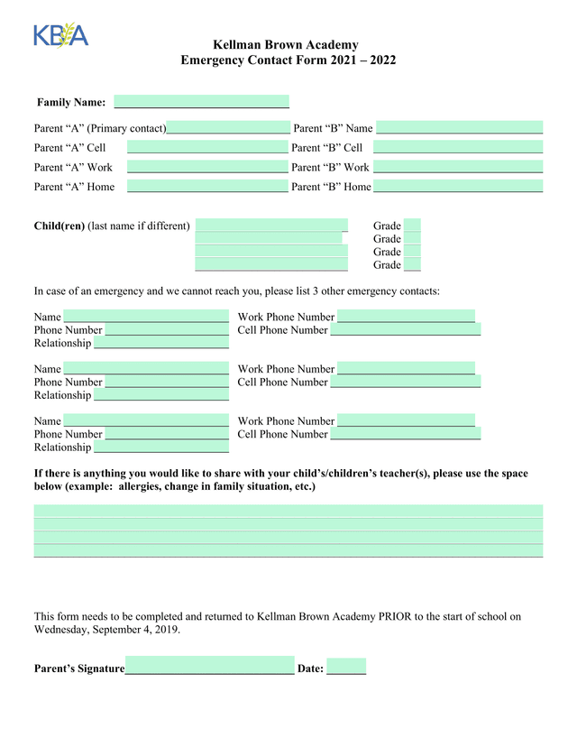 Emergency Contact Form 2021  2022 screenshot