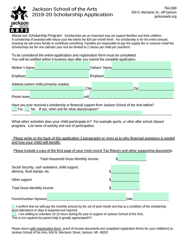 Jackson School Of The Arts Scholarship Application screenshot