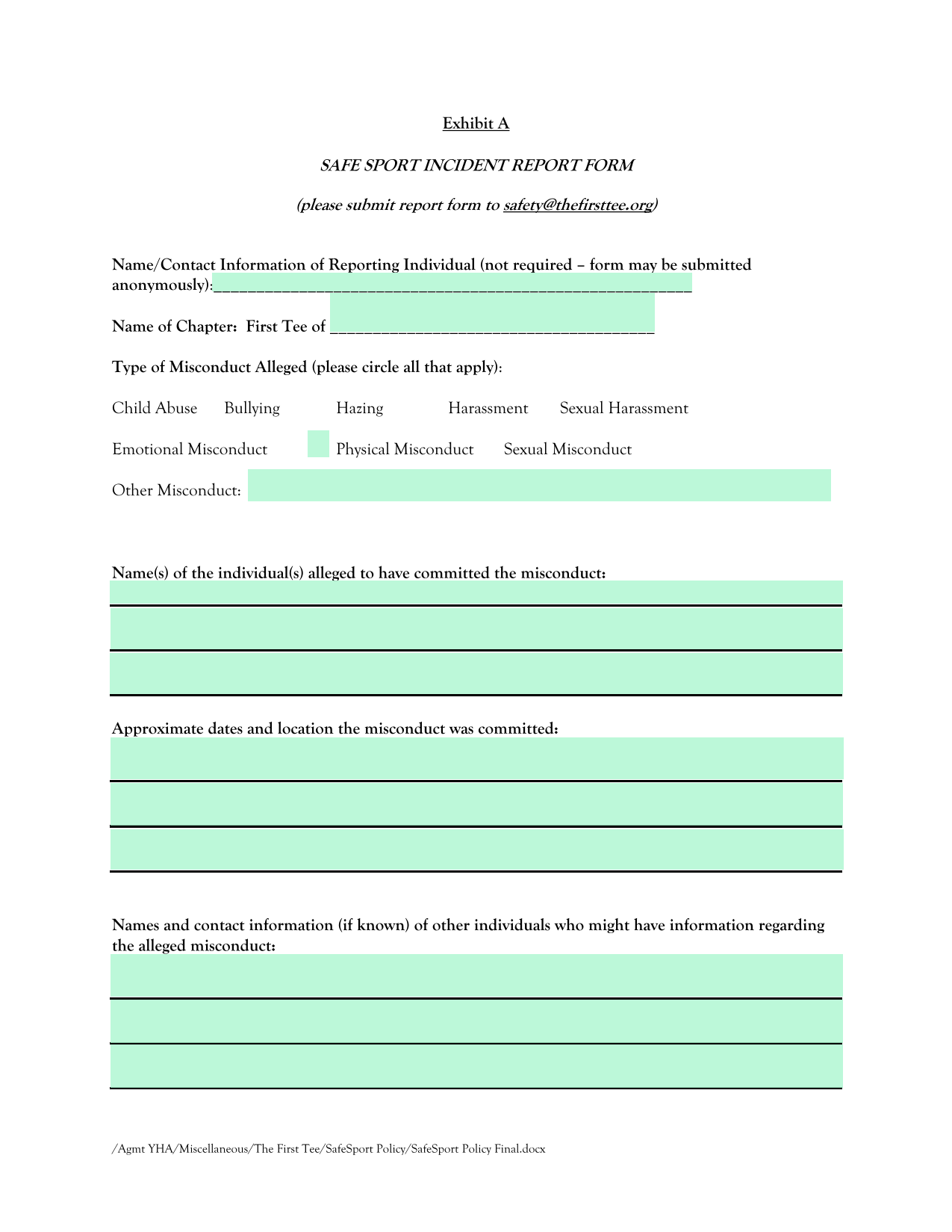 Safe Sport Incident Report Form screenshot