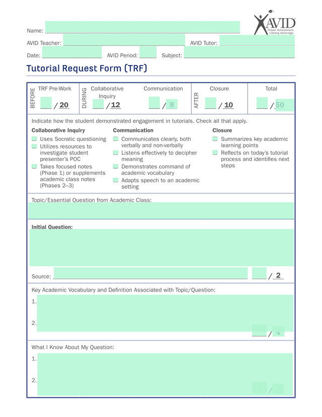 Tutorial Request Form (TRF) screenshot
