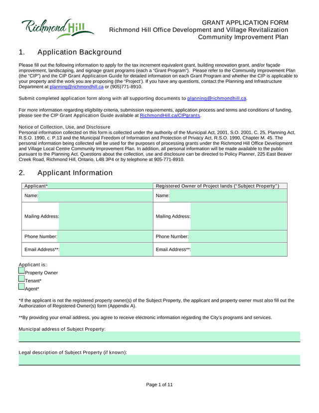Grant Application Form   Richmond Hill Office Development And Village Revitalization screenshot