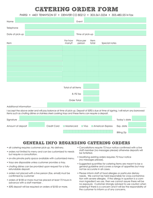 CATERING ORDER FORM screenshot