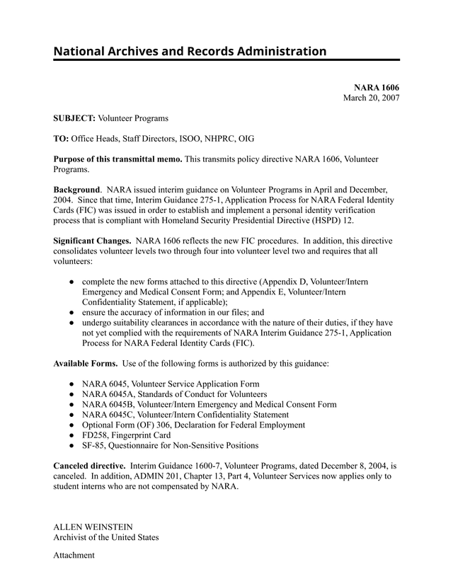 NARA 1606 Volunteer Programs screenshot