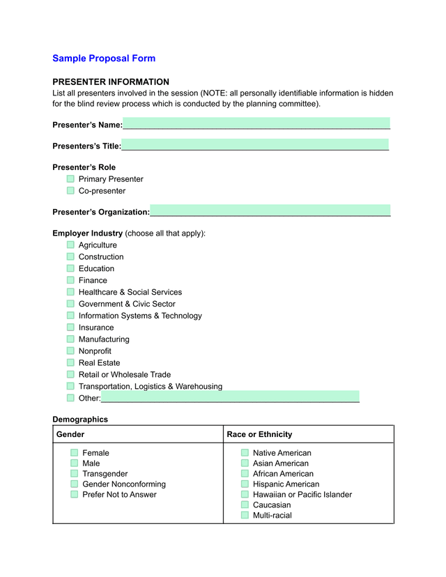 Sample Proposal Form screenshot