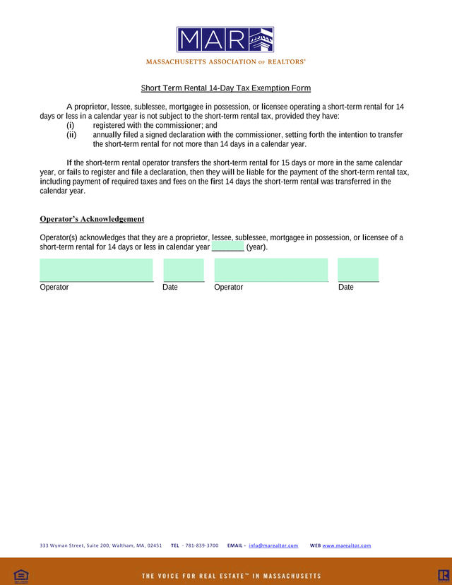 Short Term Rental 14 Day Tax Exemption Form screenshot