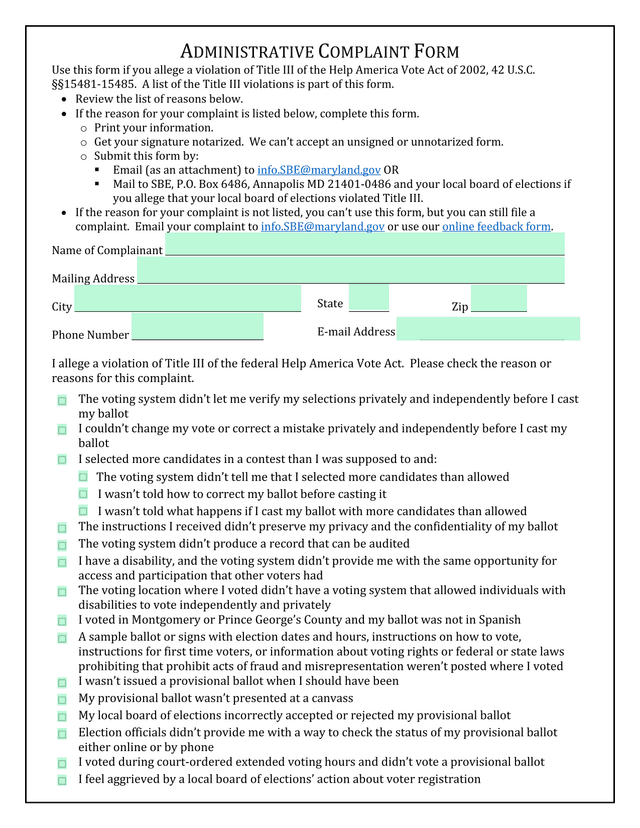Administrative Complaint Form screenshot