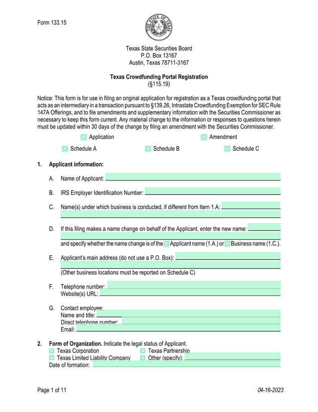 Form 133.15 Texas Crowdfunding Portal Registration screenshot