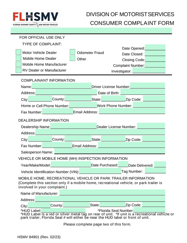 Consumer Complaint Form screenshot