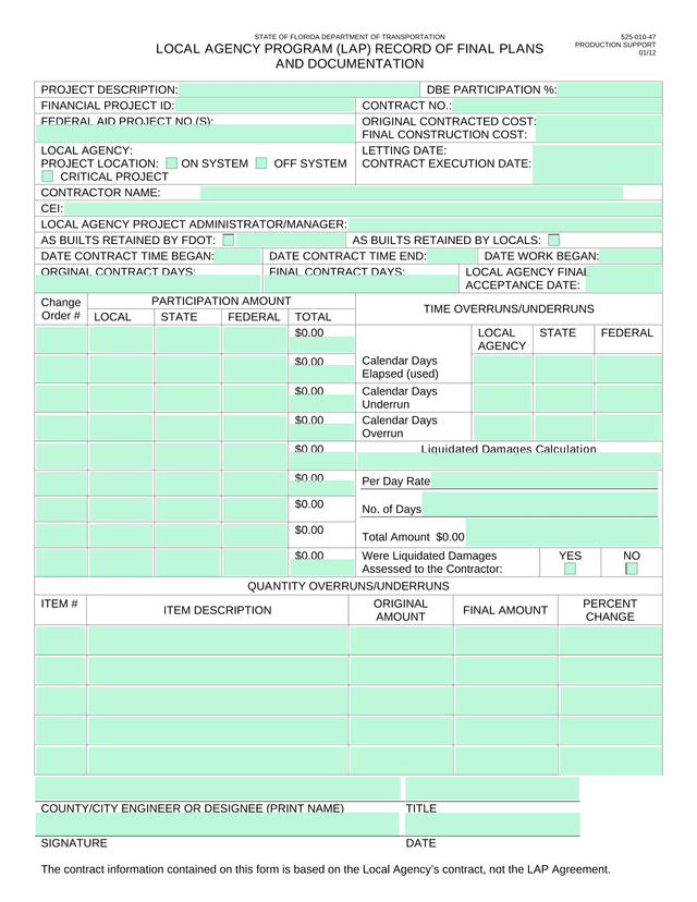 STATE OF FLORIDA DEPARTMENT OF TRANSPORTATION LOCAL AGENCY PROGRAM (LAP) RECORD OF FINAL PLANS AND D screenshot