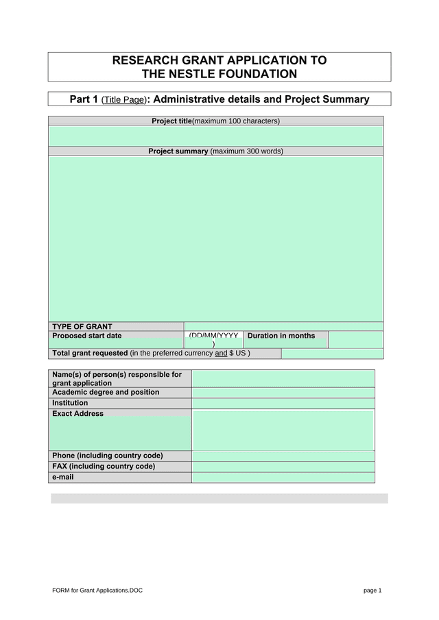 RESEARCH GRANT APPLICATION TO THE NESTLE FOUNDATION screenshot