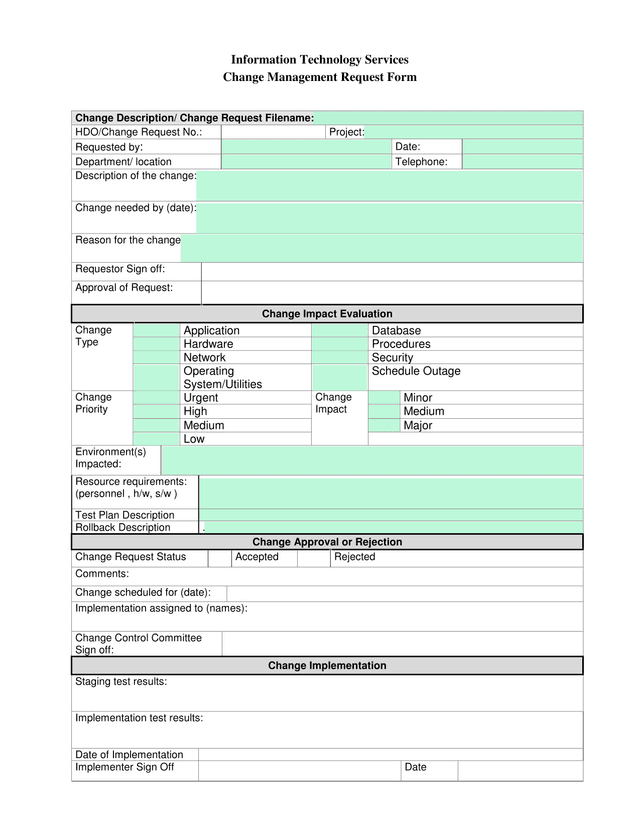 Change Management Request Form screenshot