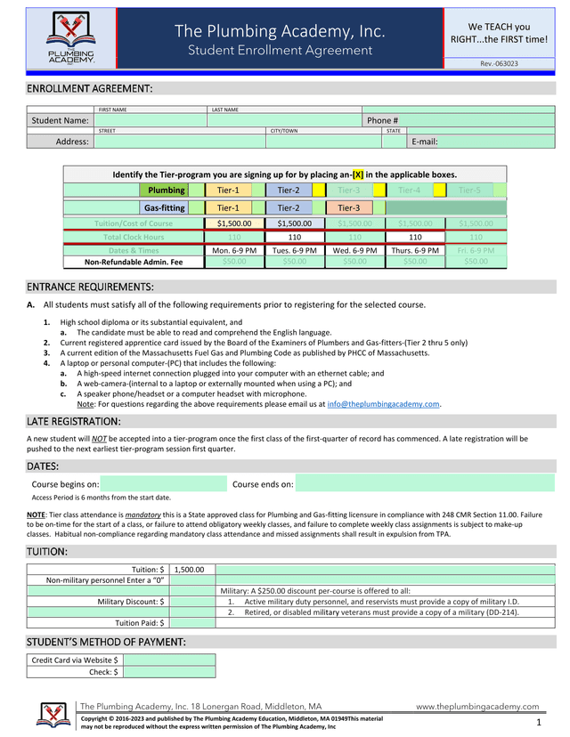 The Plumbing Academy, Inc. Student Enrollment Agreement screenshot