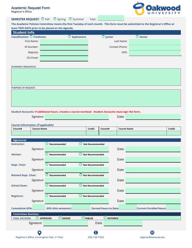 Academic Request Form screenshot