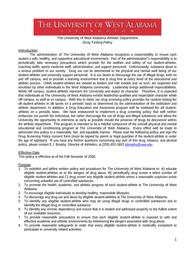 The University Of West Alabama Athletic Department Drug Testing Policy screenshot