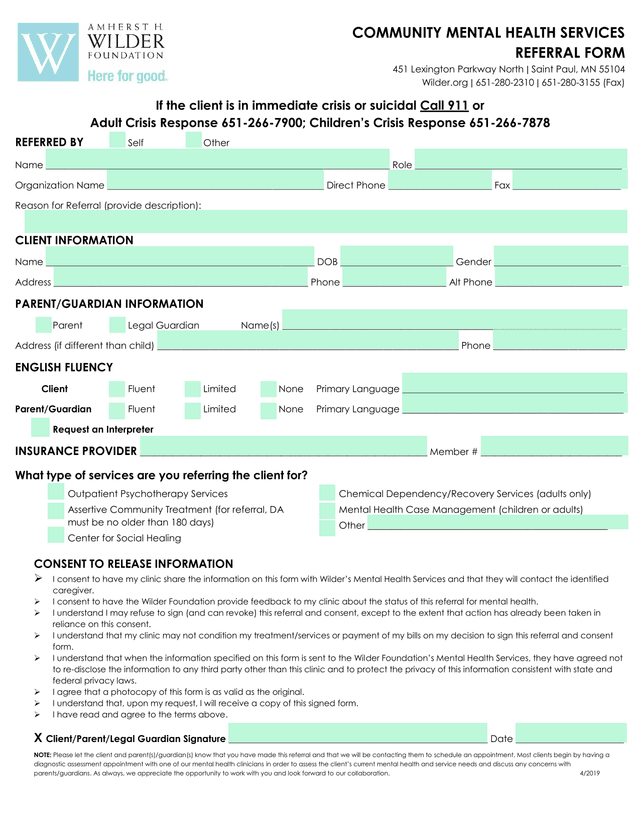 Community Mental Health Services Referral Form screenshot