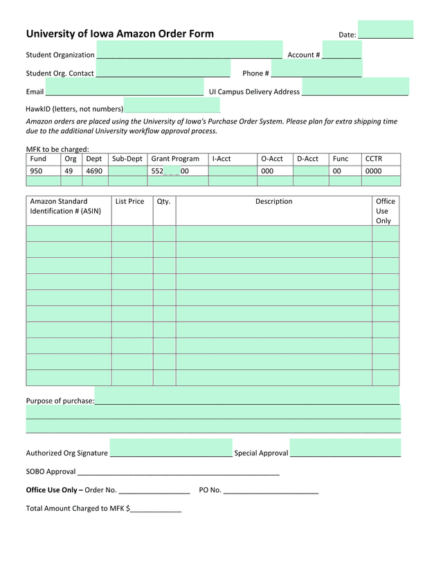 University Of Iowa Amazon Order Form screenshot