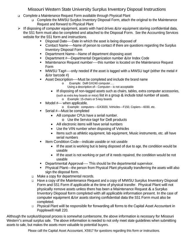 Missouri Western State University Surplus Inventory Disposal Instructions screenshot