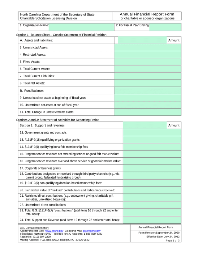 North Carolina Department Of The Secretary Of State Annual Financial Report Form screenshot