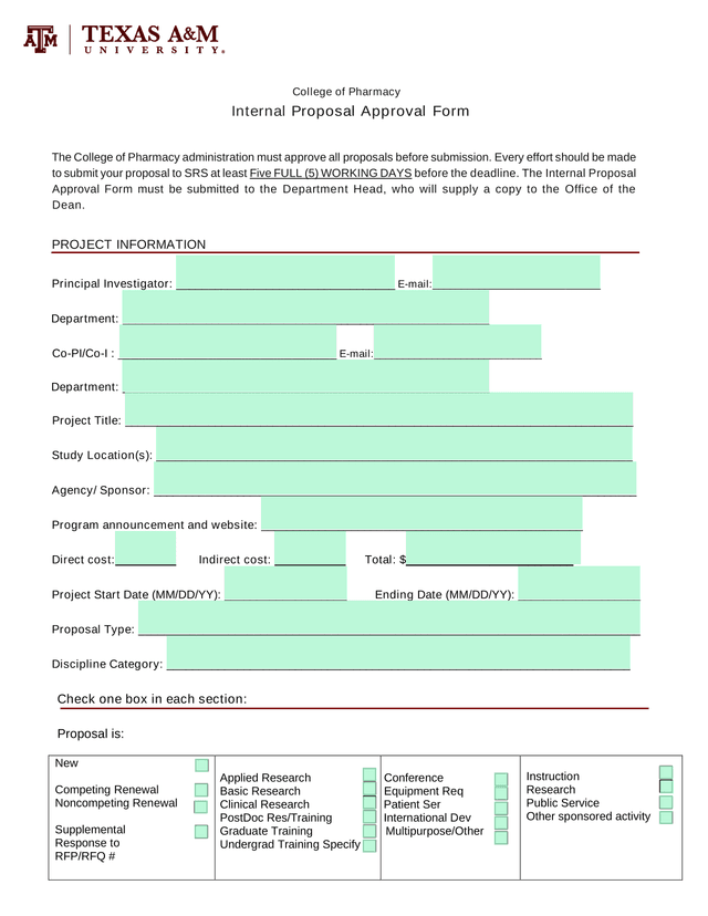 College Of Pharmacy Internal Proposal Approval Form screenshot