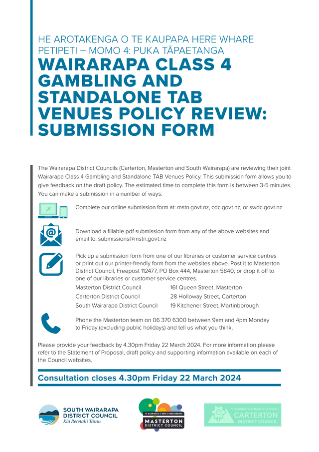 Wairarapa Class 4 Gambling And Standalone TAB Venues Policy Submission Form screenshot