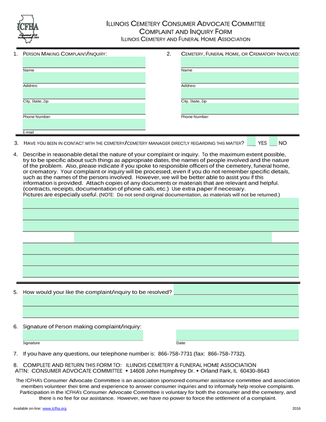 Illinois Cemetery Consumer Advocate Committee Complaint And Inquiry Form screenshot