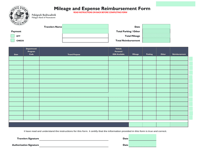 Mileage And Expense Reimbursement Form screenshot