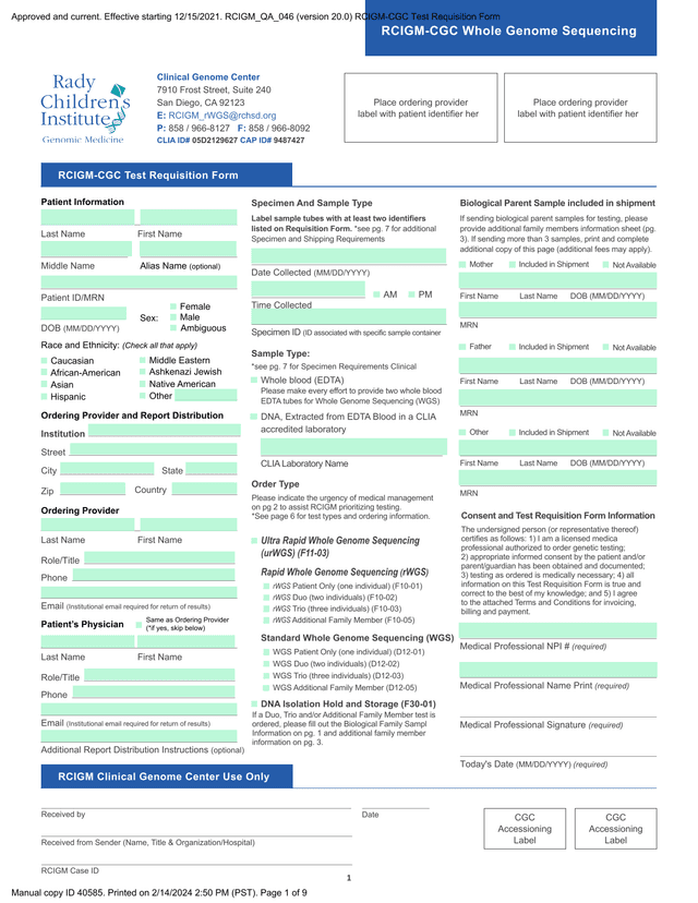 RCIGM CGC Test Requisition Form screenshot