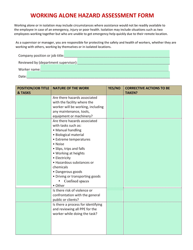 WORKING ALONE HAZARD ASSESSMENT FORM screenshot