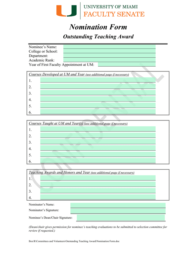 Outstanding Teaching Award Nomination Form screenshot