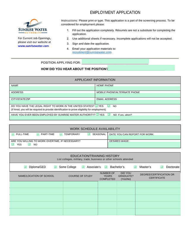 EMPLOYMENT APPLICATION screenshot