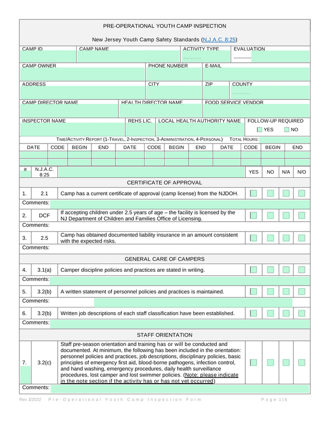 Pre Operational Youth Camp Inspection Form screenshot