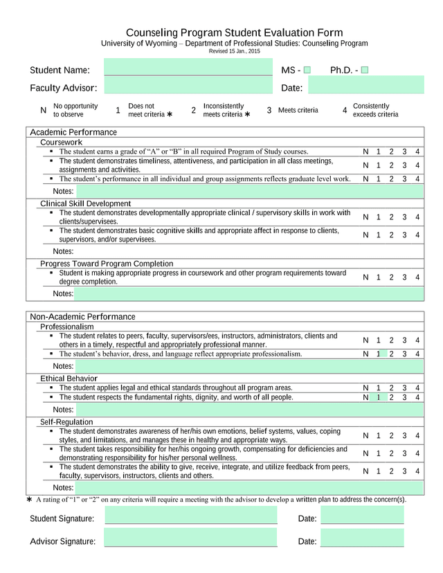 Counseling Program Student Evaluation Form screenshot