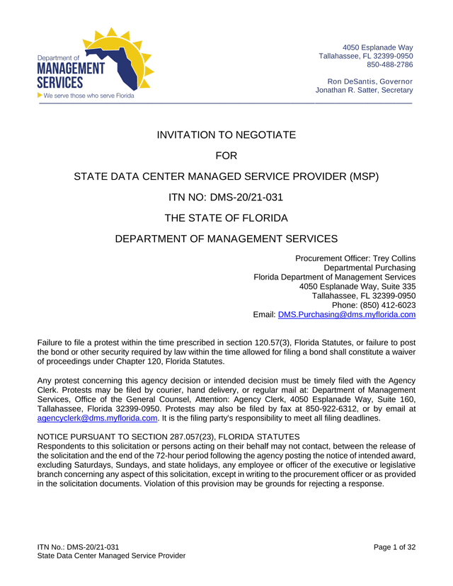 Invitation To Negotiate For State Data Center Managed Service Provider (MSP) screenshot