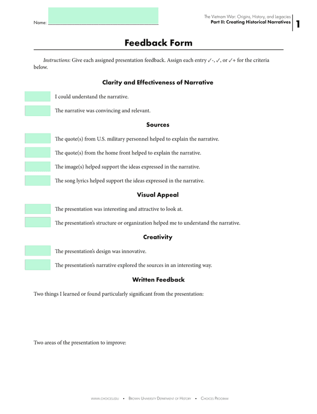 Feedback Form The Vietnam War Origins, History, And Legacies screenshot