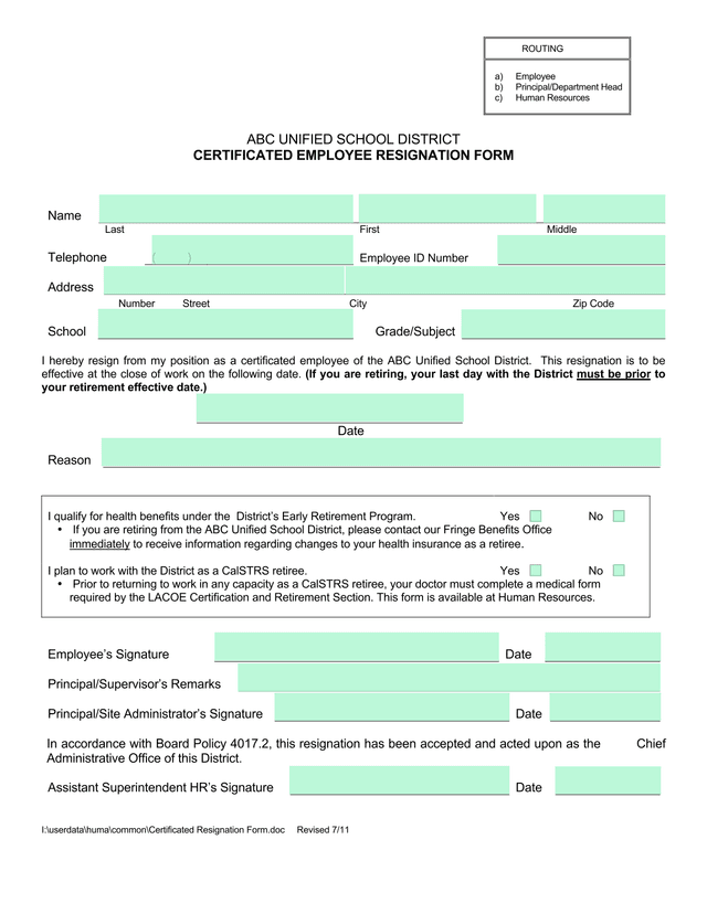 CERTIFICATED EMPLOYEE RESIGNATION FORM screenshot