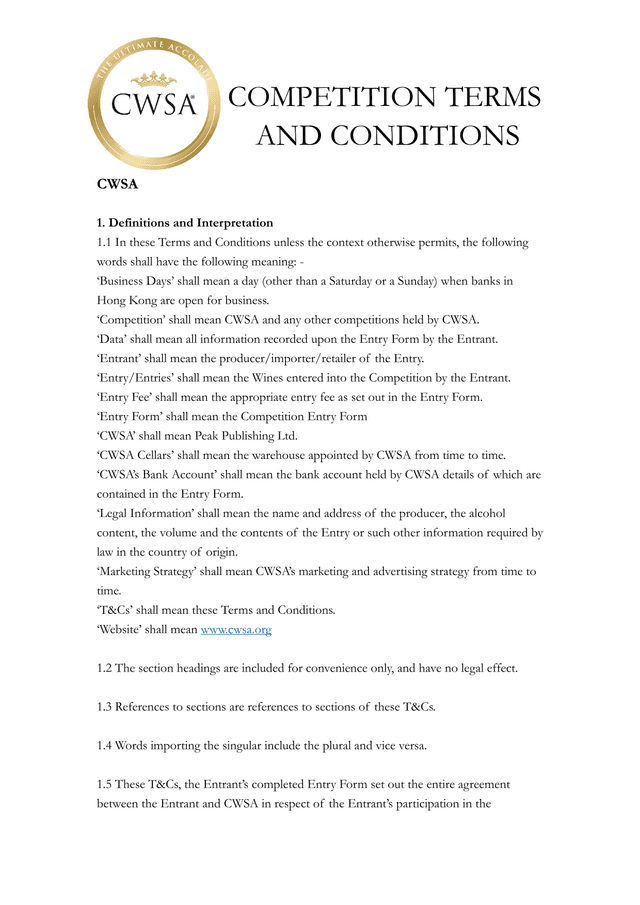 CWSA Competition Terms And Conditions screenshot
