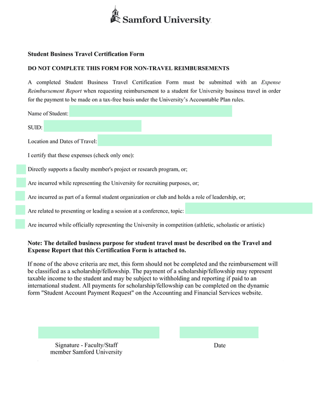 Student Business Travel Certification Form screenshot