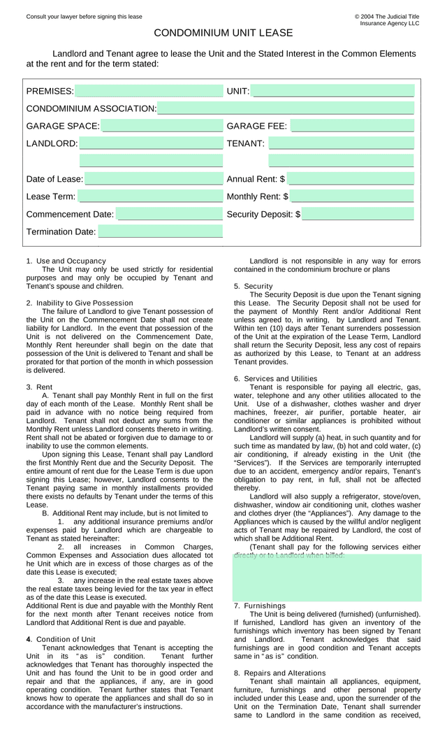 Condominium Unit Lease screenshot
