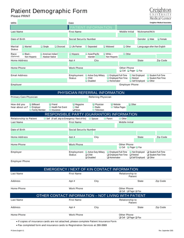 Patient Demographic Form screenshot